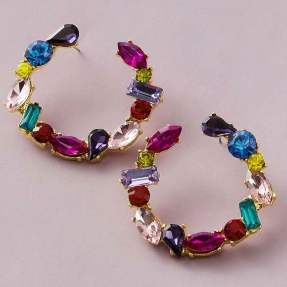 Cuffed‎ Hoop Gemstone Colorful Statement Earrings - Picture 1 of 3